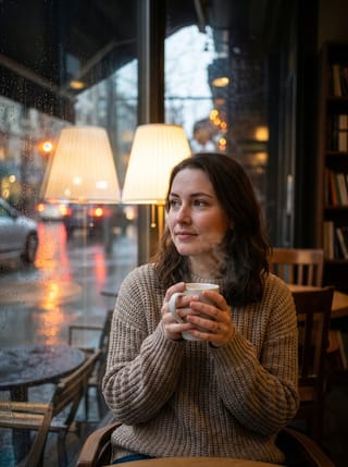 A woman sitting in a cafe holding a white coffee cup with both hands, looking out a window with raindrops on it. Warm lamps and a rainy street are visible in the background.
