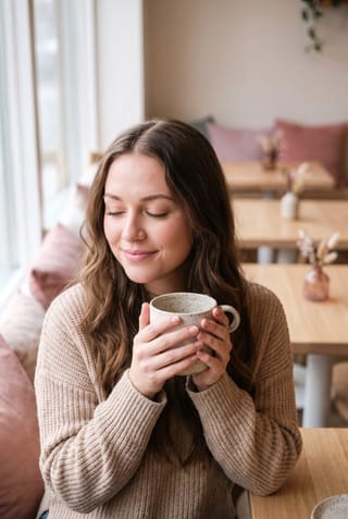 A woman in a beige sweater holding a coffee mug with both hands, eyes closed and smiling, sitting at a wooden table in a cafe.