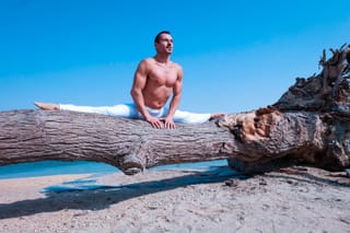 Shirtless man sits on a large piece of driftwood on a sunny beach