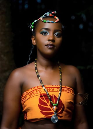 Woman wearing orange fashion and layered jewelry in a portrait.