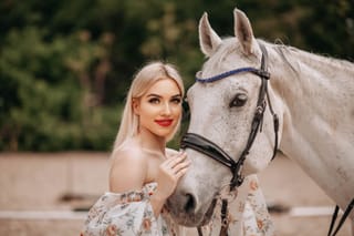 Woman white horse equestrian portrait