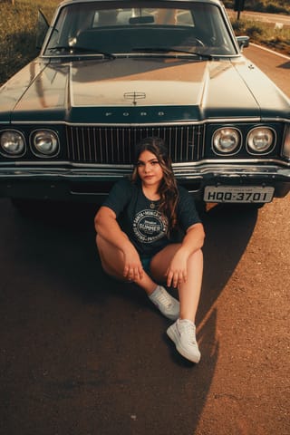 Woman casual style classic car portrait