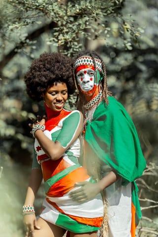 Couple colorful traditional clothing outdoor portrait