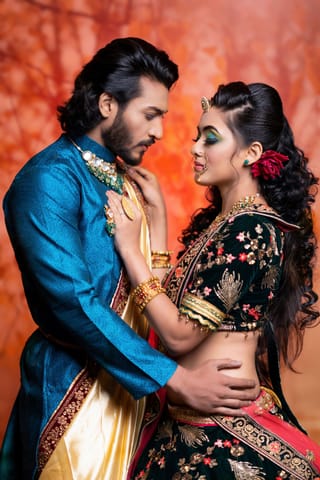 Couple traditional wedding attire studio portrait