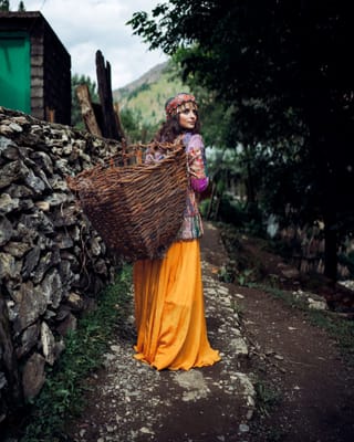 Woman woven basket rural mountain village