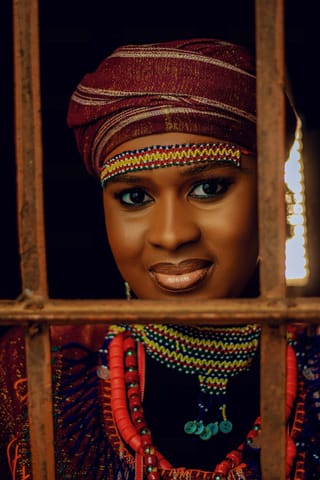 Woman headscarf beaded jewelry cultural portrait