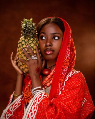 Woman red traditional dress pineapple portrait