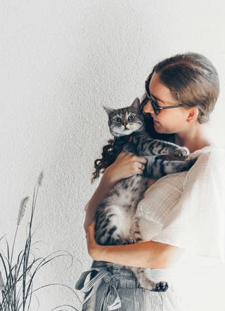 Woman kissing a tabby cat at home.
