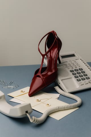 Red high heel shoe beside an office telephone.