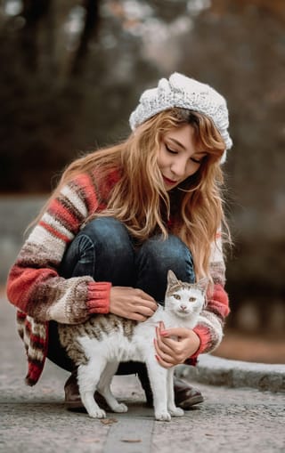 Woman holding a white cat outdoors in autumn.