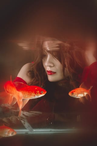 Woman watching goldfish in an aquarium.