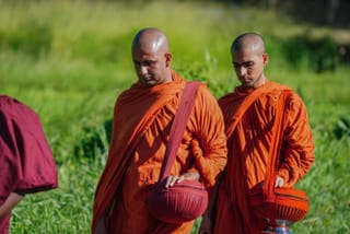 Buddhist monks walking outdoors orange robes.