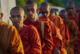 Buddhist novice monks orange robes portrait.