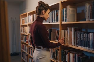 Woman browsing library bookshelves study lifestyle.