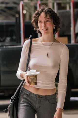 Woman casual street style coffee city portrait.