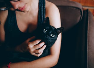Woman holding black cat home pet portrait.