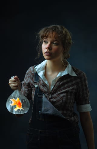 Woman holding goldfish bowl dark portrait.