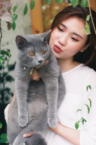 Woman holding gray cat pet portrait.