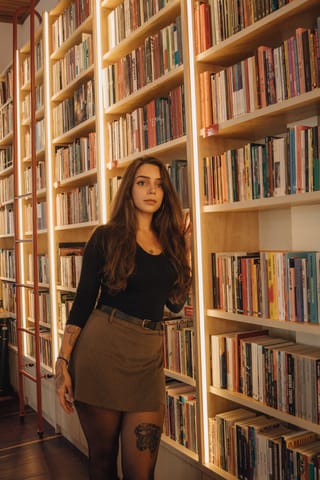 Woman library bookshelves skirt black top fashion.