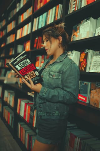 Woman reading book bookstore library lifestyle.