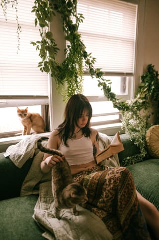 Woman reading book sofa cats houseplants home.